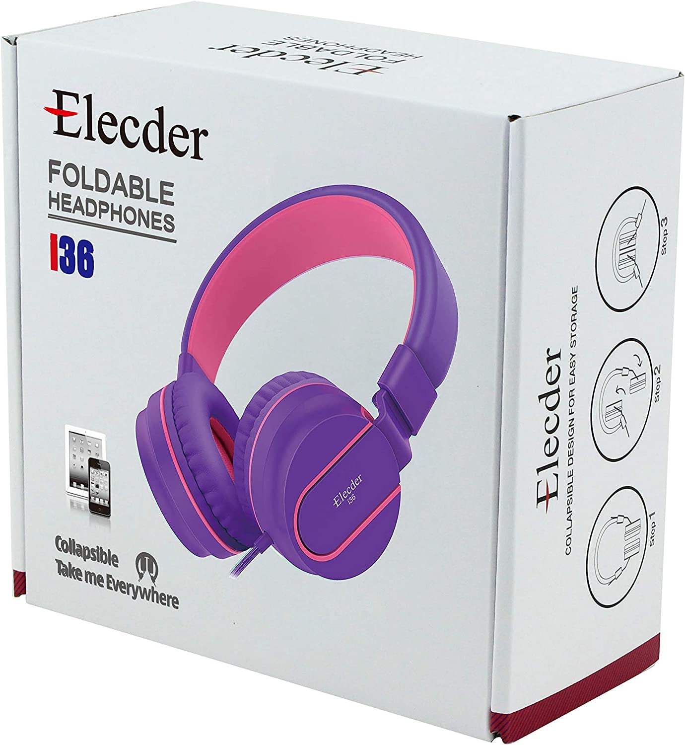 I36 Kids Headphones Children Girls Boys Teens Foldable Adjustable on Ear Headphones 3.5Mm Jack Compatible Cellphones Computer Kindle MP3/4 School Tablet Purple/Red